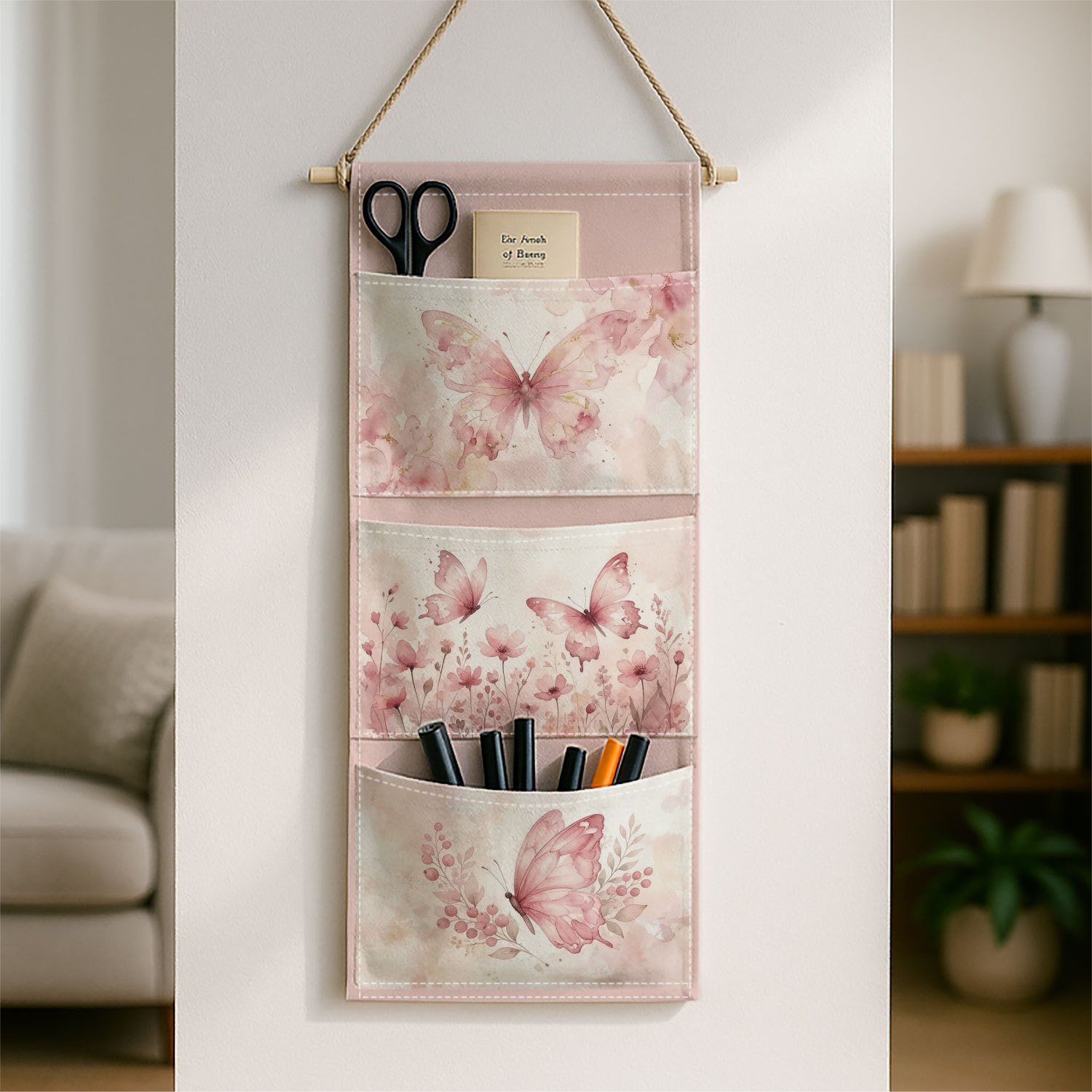 TEMU 1pc Elegant Watercolor Botanical Wall Hanging Storage Bag-multi-tier Hanging Storage Bag With Pink & Floral Patterns, Space- Door/wall Cabinet