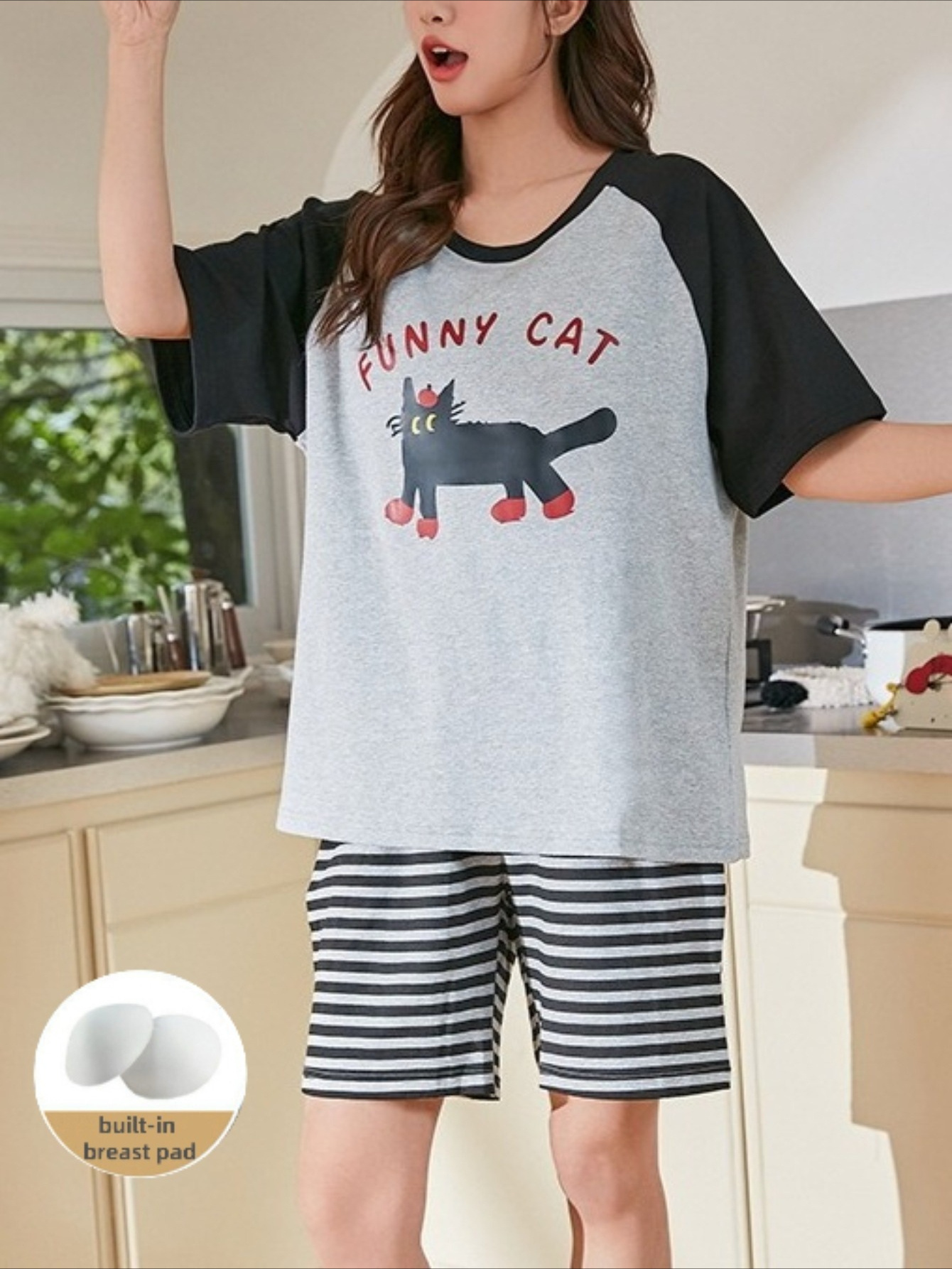 Cute Grey Cartoon Cat Print Short Sleeve Pajama Set with Built-in Bra - Loose Round Neck Raglan Sleeve Top & Black-Grey Striped Elastic Waist Shorts - Casual, Comfortable Summer Loungewear for Adults & Teens, Versatile for  