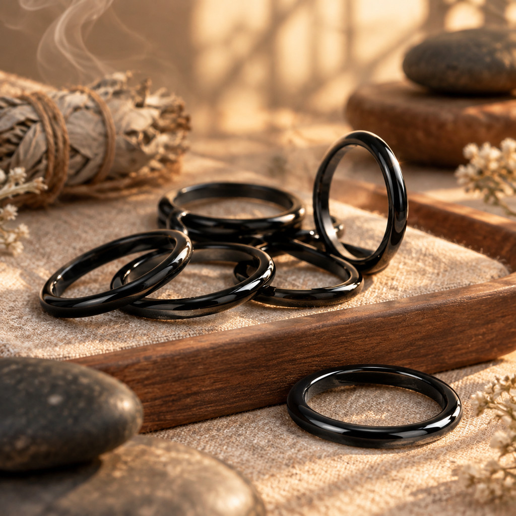 Natural Black Agate Ring for Women, Minimalist Stackable Band
