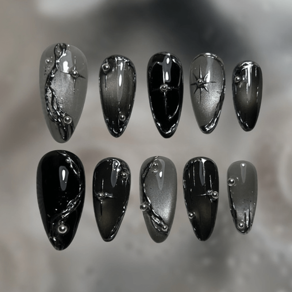 TEMU 60pcs Black Cat Eye Handmade Nail Set - Metal Gradient And 3d With Smooth Fake Nails With Nail Glue, Suitable For Women, Parties And Fashion