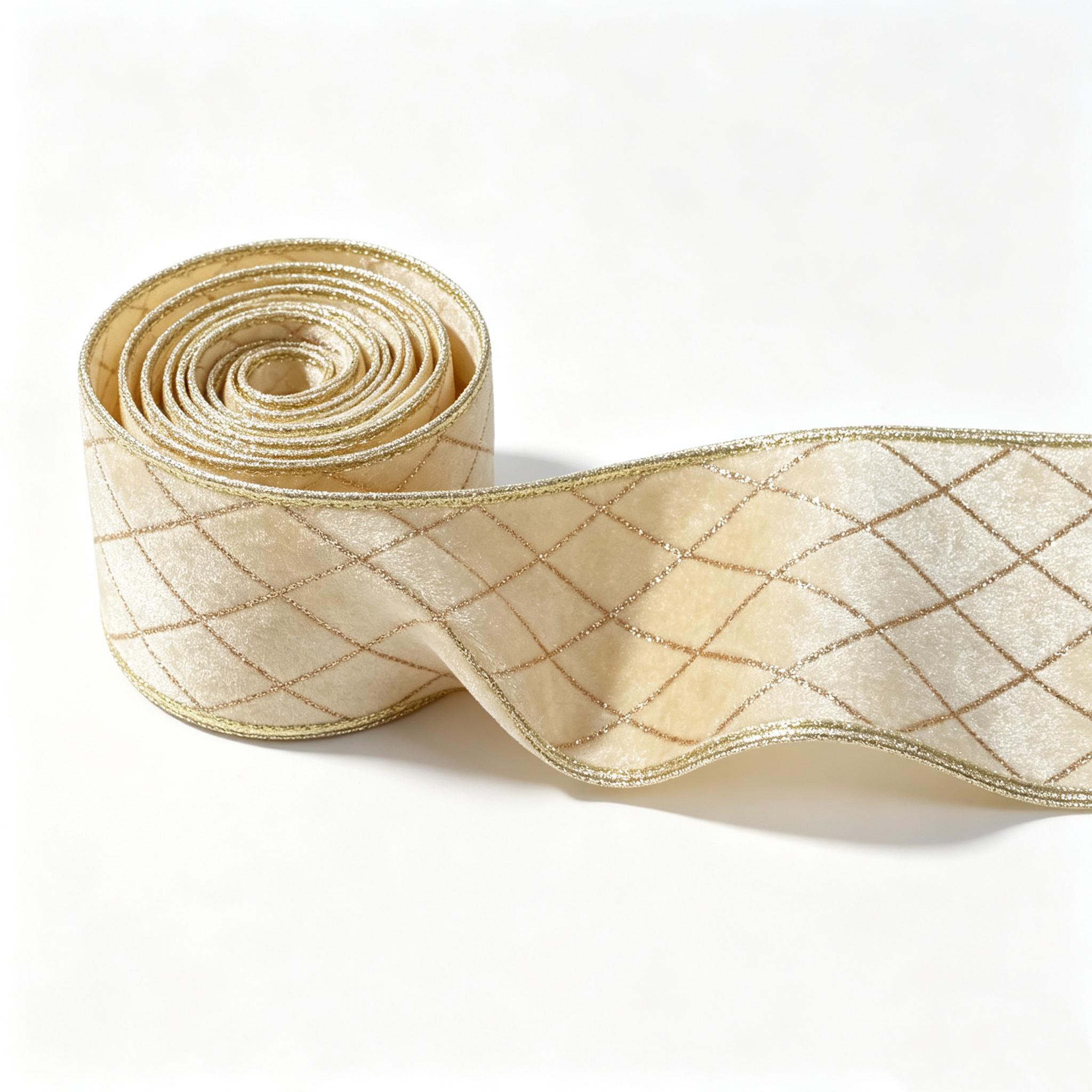 TEMU Ruban cadeau à carreaux en velours doré pour Noël, ruban à fixer avec fil métallique, nœud décoratif de Noël, ruban à suspendre, idéal pour