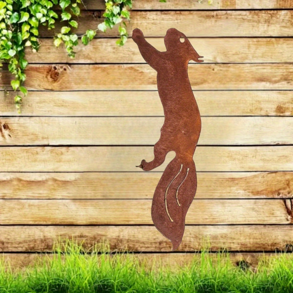 Image of Rustic Metal Squirrel Silhouette Tree Stake - Contemporary Animal-themed Decor, No Electricity Needed, Weather-resistant Outdoor/indoor Hanging Ornament For Branch Insertion