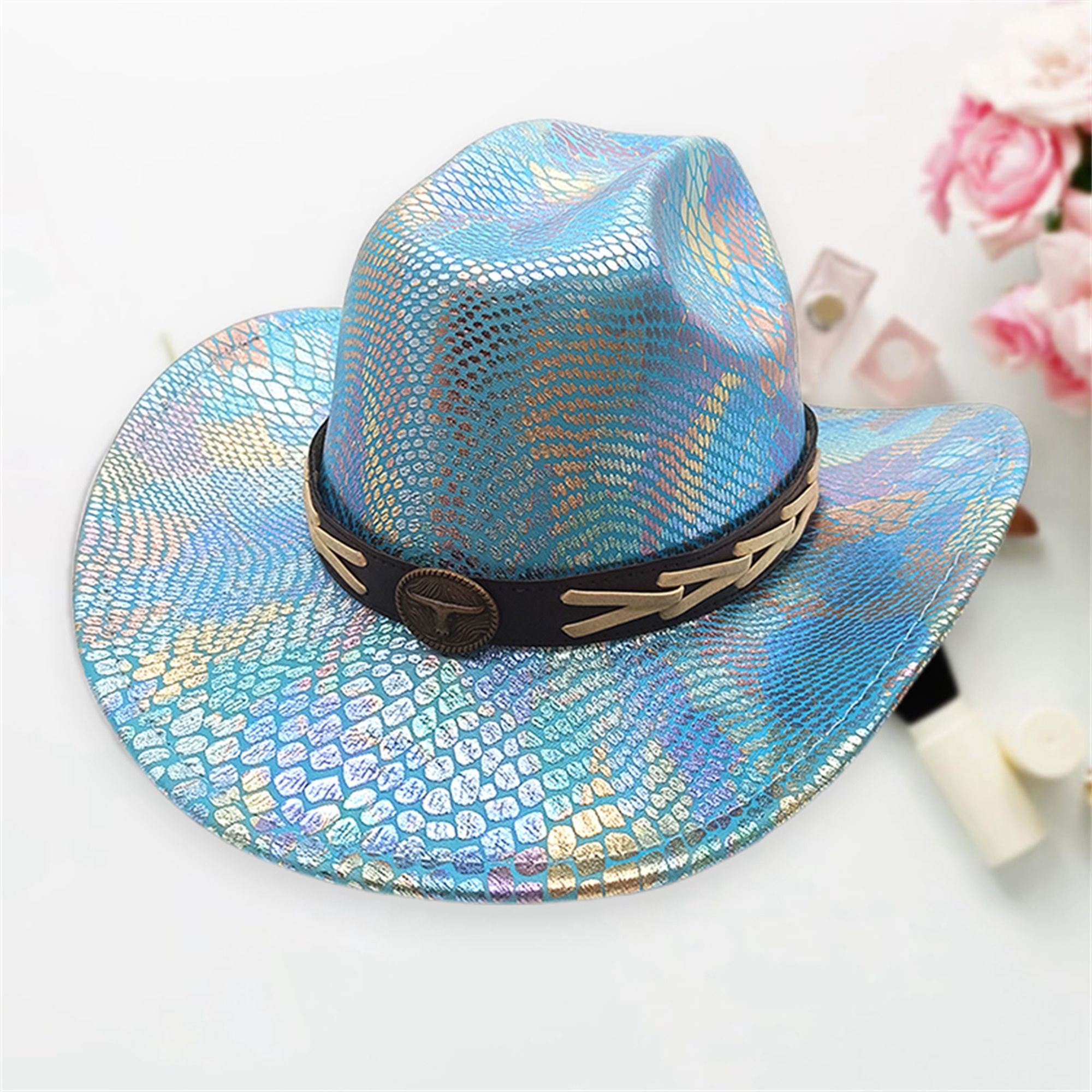 women wide brim cowgirl hats bull wide belt metallic jazz - Temu display picture 2