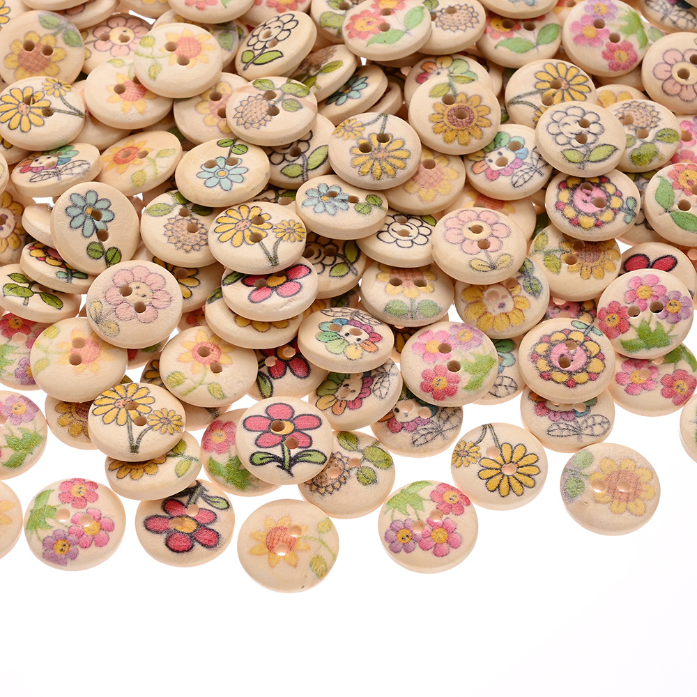 TEMU Lot de 100 boutons en bois de 15 mm sur le thème des fleurs, boutons à double trou avec imprimé , parfaits pour la couture de vêtements à thème
