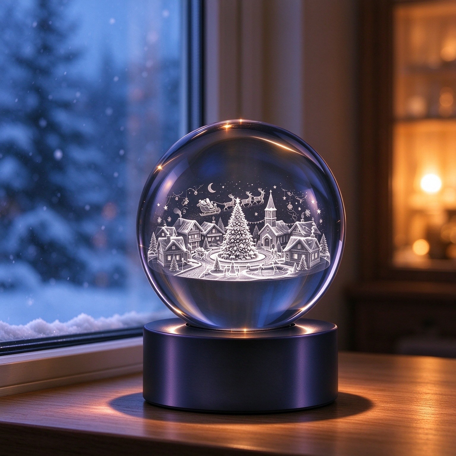 TEMU Christmas 3d Inner-engraved Crystal Ball Statue Ornament With Matte Black Natural Wood Base, Desktop Decoration Commemorative Craft