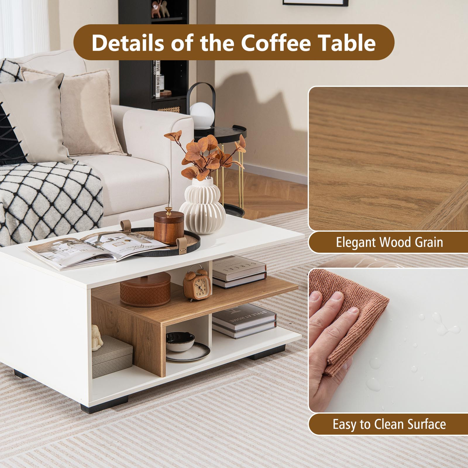COSTWAY L-Shaped Coffee Table - 3-Tier Modern Center Table