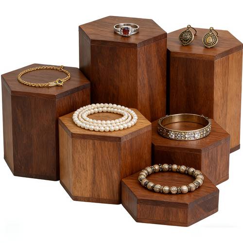 wooden 6pcs hexagon risers for display jewelry and additions display stand