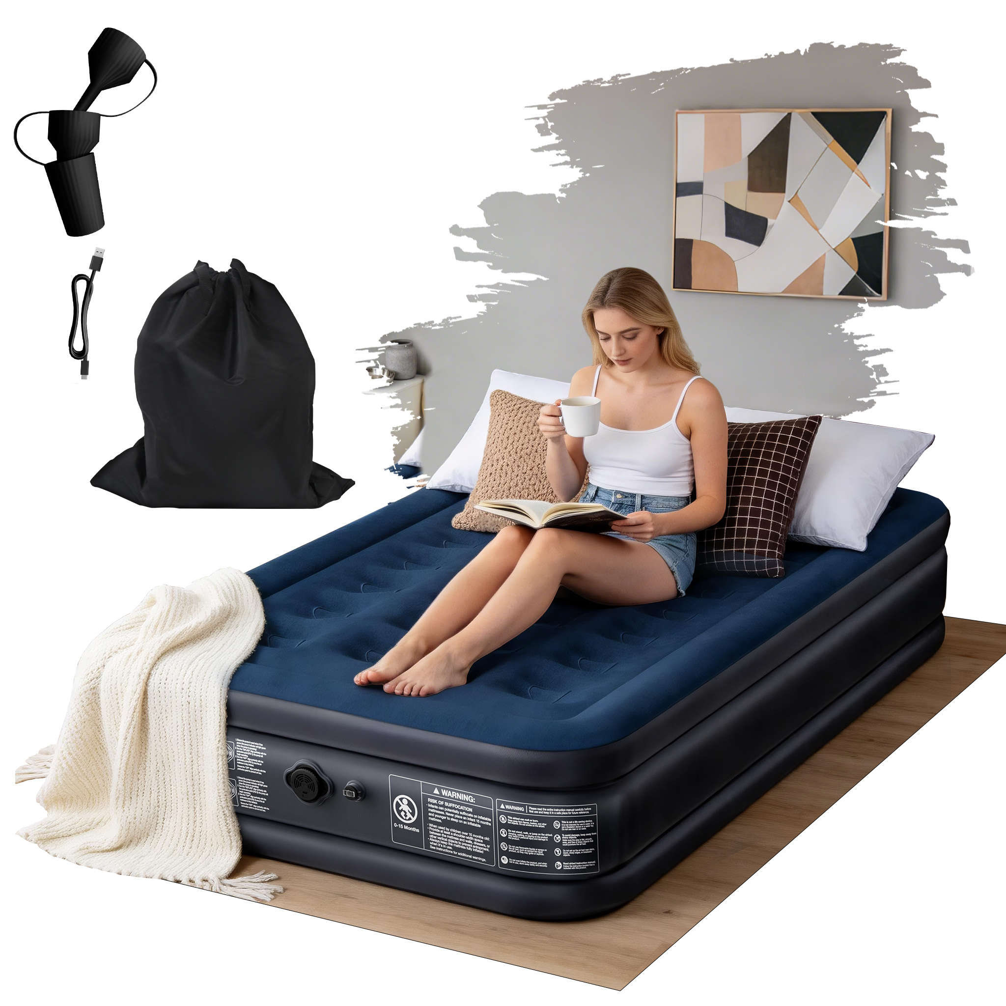 TEMU Single/ Double Inflateable Blow Up Air Bed With Built-in Air Pump Self-inflating Air Mattress Camping Bed Guest Bed Travel Bed 3 Minutes Quick
