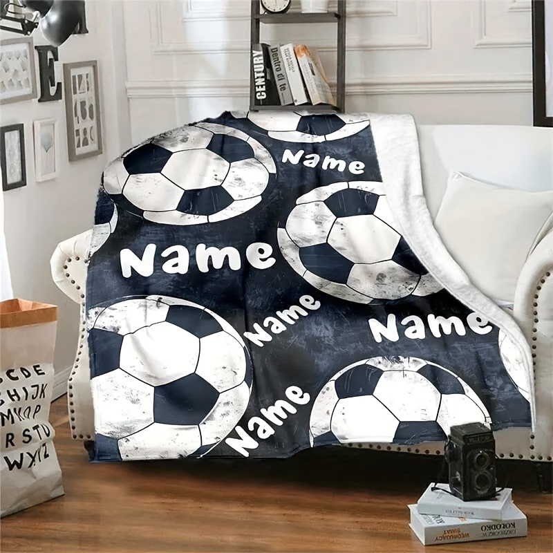 TEMU 1pc Of Customized Creative Football Print Plaid Blanket, Personalized Soft And Warm Digital Printed Checkered Blanket, Suitable For Sofa, Bed,