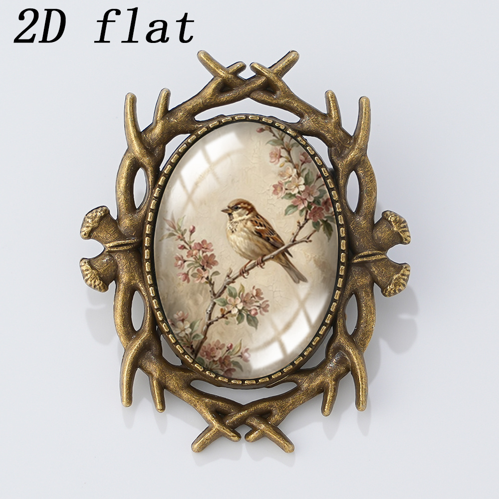 TEMU 1pc Sparrow On Branch With Pink Flower Retro Floral Pattern Oval Glass Badges, 2d Flat Design Glass Pattern, Versatile Ornament For Clothing And
