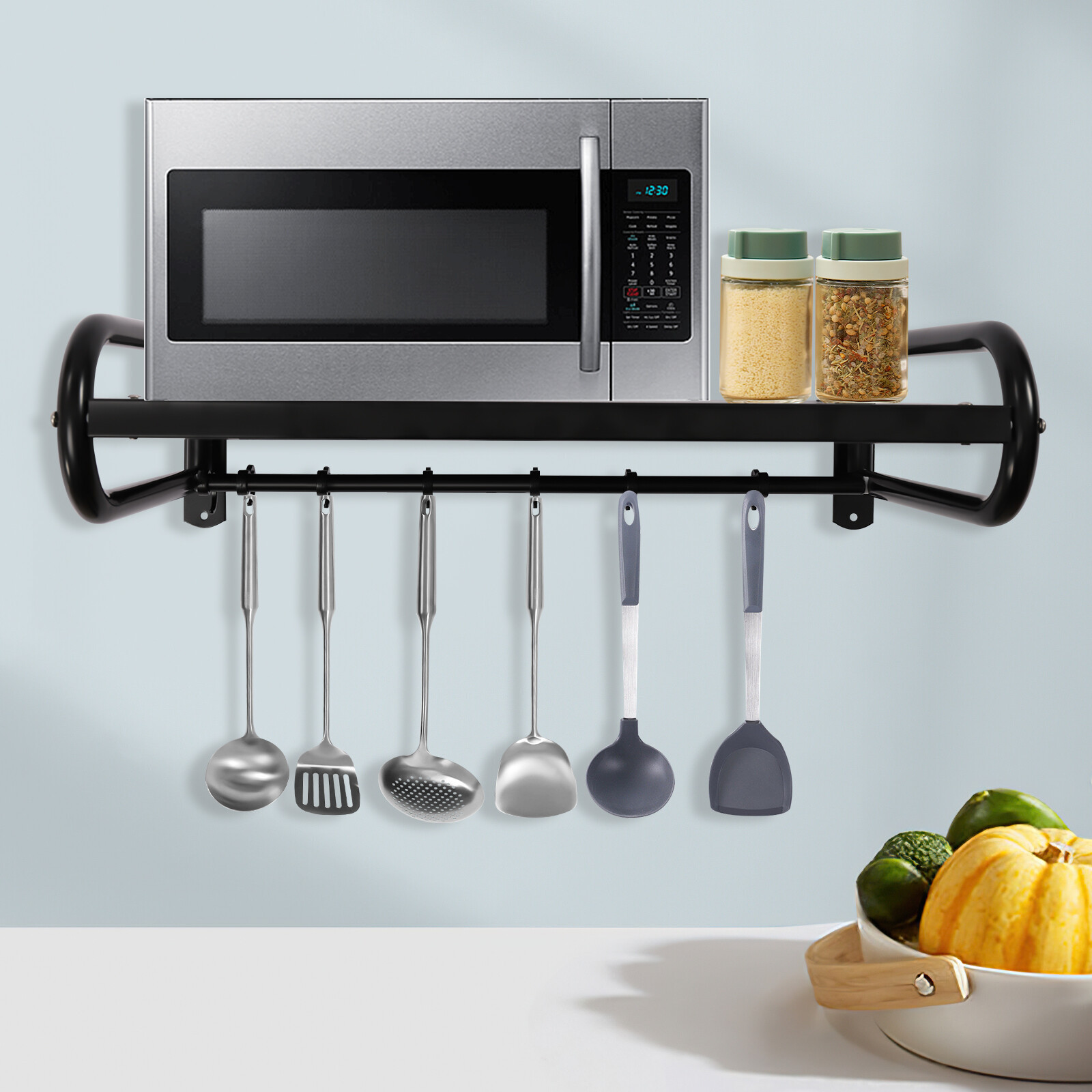 Image of Wall Mounted Shelf With 6 Hooks, 20.9x14.9in Carbon Steel Utility Shelf With 66lbs Load Capacity, Kitchen Storage Rack For Microwave & Spices, Rustproof Wall Organizer