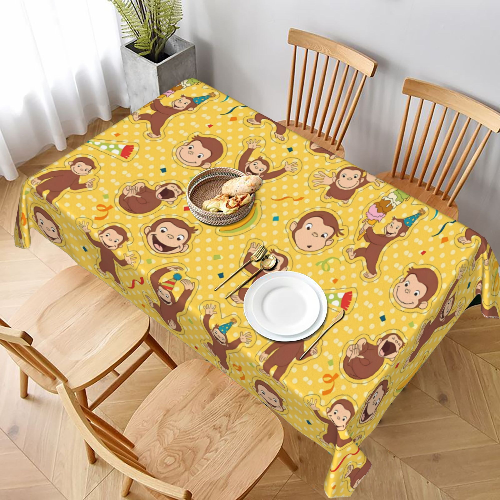 TEMU 1pc Monkey Tablecloth With Multicolor Monkey Yellow Background - Suitable For Parties, Jungle Themed Decor, Indoor/outdoor Use, All- Table Cover