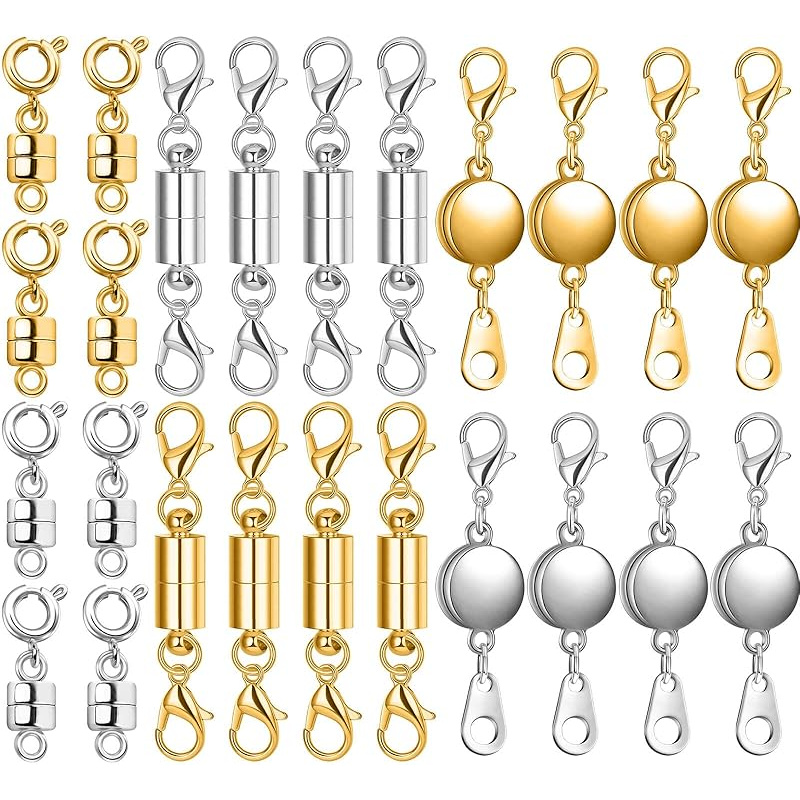 Set of 24 Magnetic Necklace Fasteners in 3 Designs, Including Round, Cylindrical, And Tubular Styles. These Magnetic Clasps Serve As Connectors And Locking Mechanisms for Bracelet Extensions, Suitable for Jewelry Crafting in Golden And Silvery