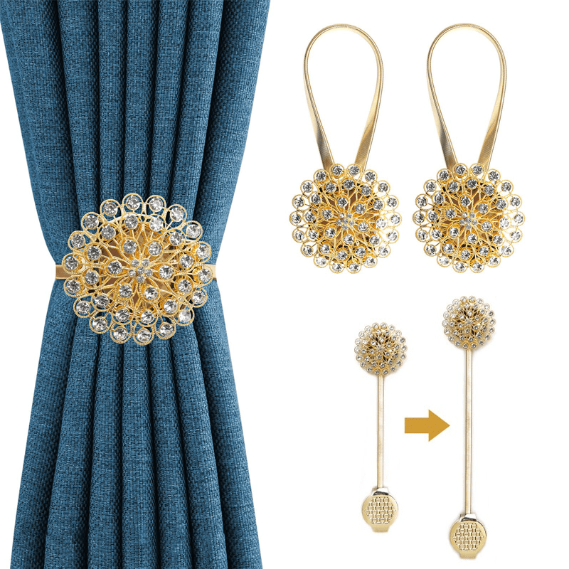 TEMU 2pcs Gold Magnetic Curtain Tiebacks, Crystal Decor Curtain Ties For Drapes No Drilling Holdbacks With High- Spring Wire For Home Office Window