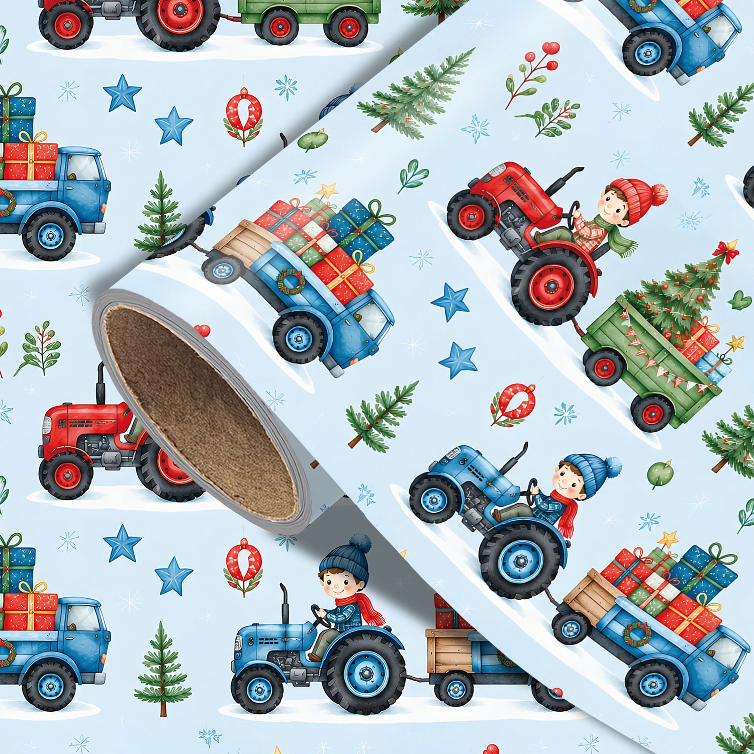 TEMU Papel de regalo enrollable de tractor navideño, adecuado para regalos de Navidad, decoraciones de de - Papel de regalo con temática de tractores