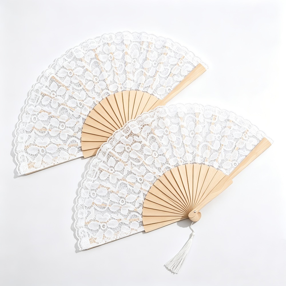 TEMU 2 Sets Of White Lace Folding Fans Exquisite Hollow Lace Folding Fans Dance Fans Classical Lace Small Lace Fans