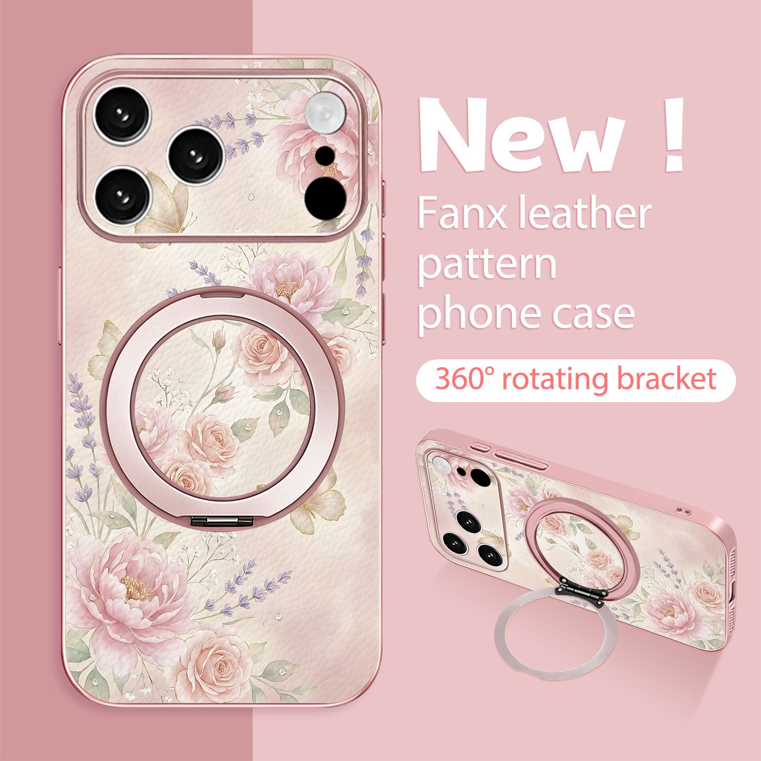 TEMU Phone Case: New Metallic Paint Synthetic Leather Phone Case With 360Â° Rotating Ring Stand, Pink Floral Watercolor Pattern For Iphone