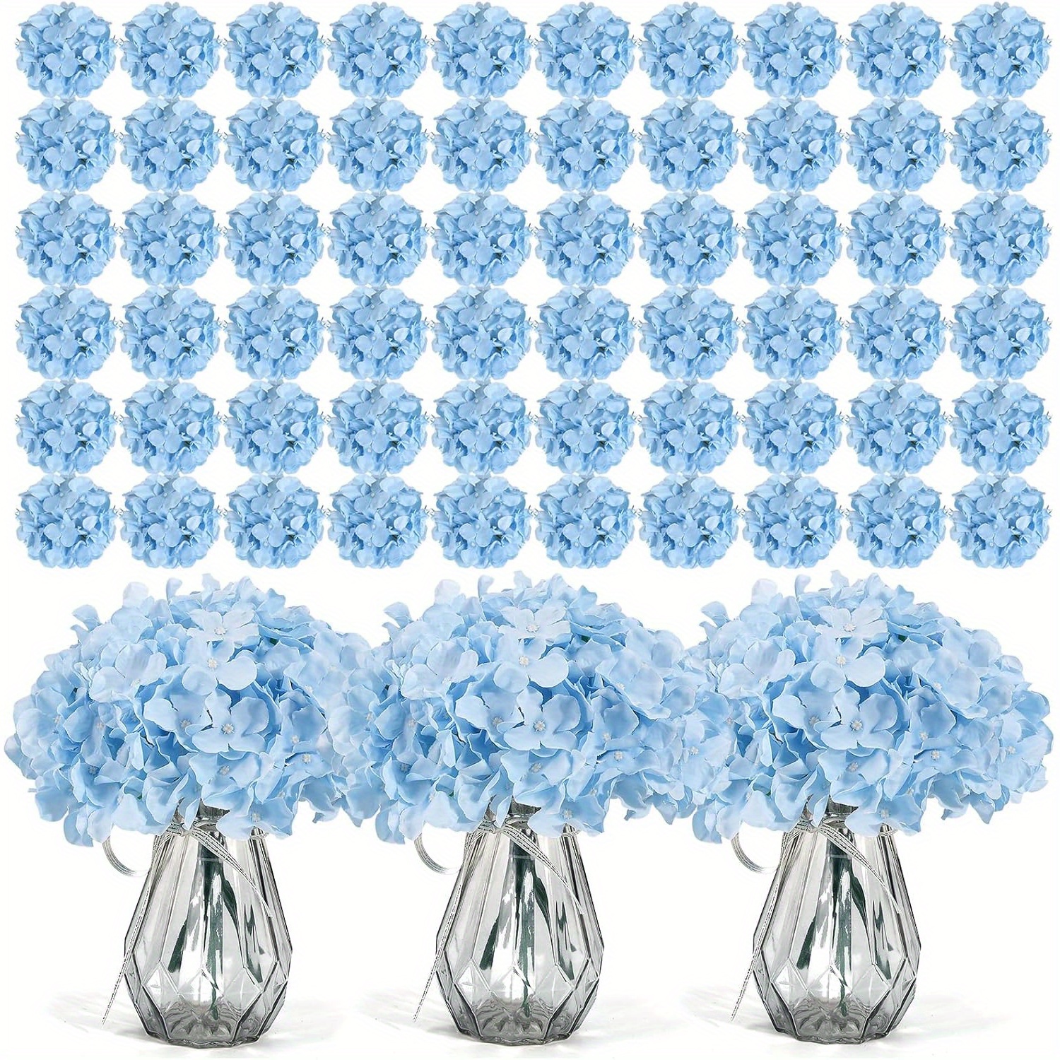 50pcs Blue Artificial Hydrangea Flower Heads With Iron Wire Stems - Plastic Outdoor Wedding & Home Decor, Tabletop Floral Arrangement, Engagement, Spring, And Party Centerpieces