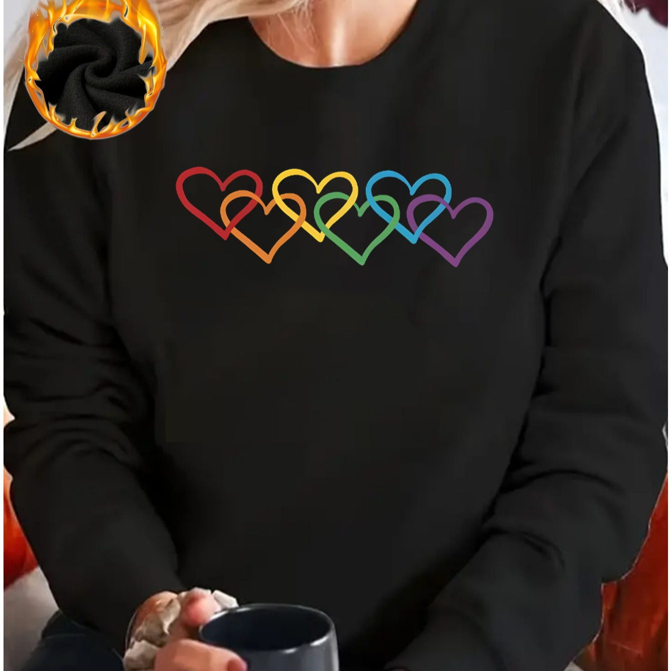

Sweatshirt Doublé en pour Femme avec Imprimé Cœur Coloré - Pull Décontracté à Col Rond, Lavable en Machine