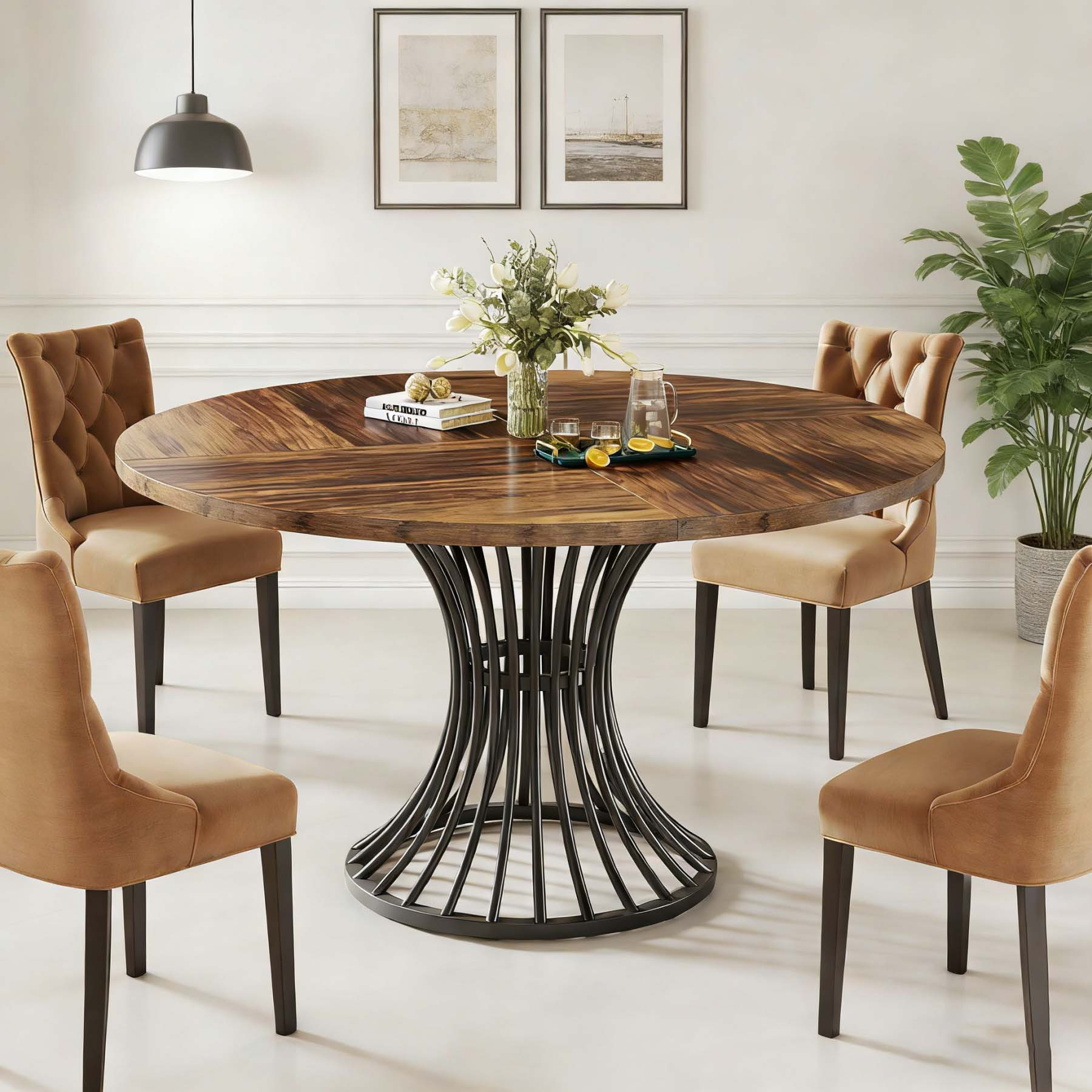 TEMU Table de cuisine ronde de 47 pouces conçue pour salle à manger de ferme, convient à 4 à 6 personnes, avec un style industriel et une base en