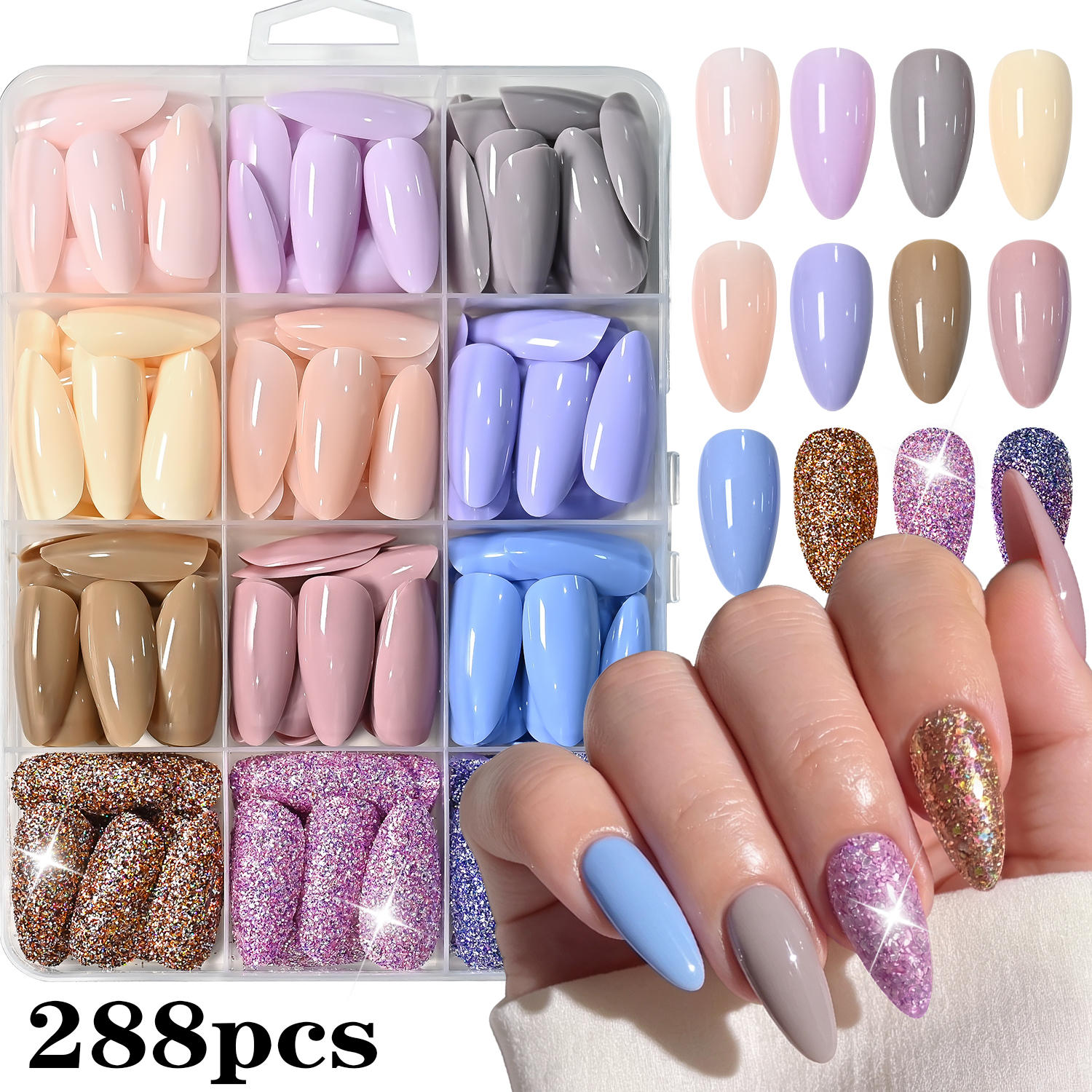 TEMU 288pcs Glossy Solid Color Sparkly Glitter Full Cover Fake Nail Tips, Glossy Glitter Press On Nails Full Cover False Nail Tips, 12 Styles Medium