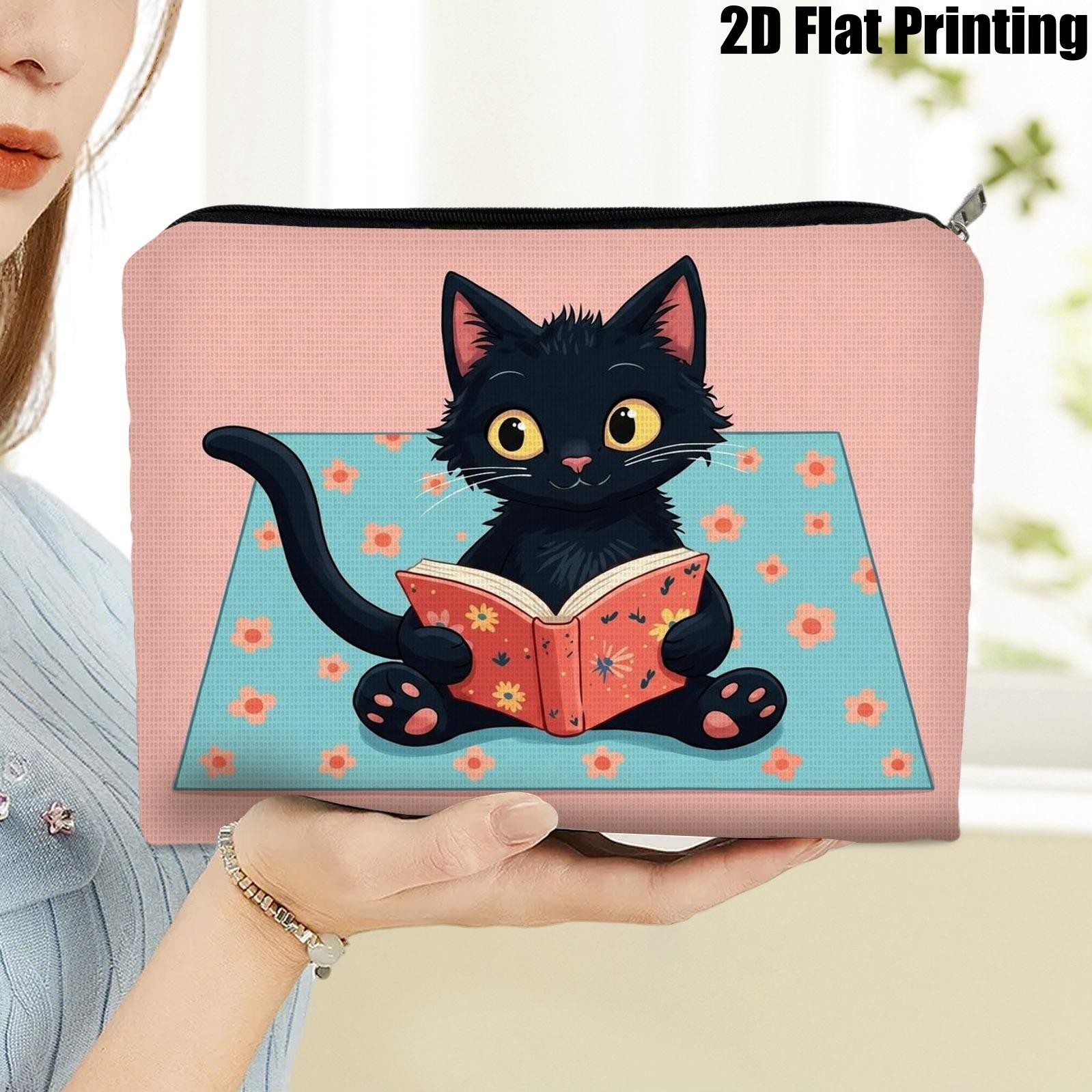 품목 사진 2d 평면 프린팅 독서 중인 아기 고양이 폴리에스터 화장품 가방, 20*25cm/8*10인치 휴대용 다기능 메이크업 수납 파우치, 이상적인 여행 액세서리, 졸업 시즌을 위한 완벽한 선물, 일상적인 메이크업 정리에 최적, 2d 평면