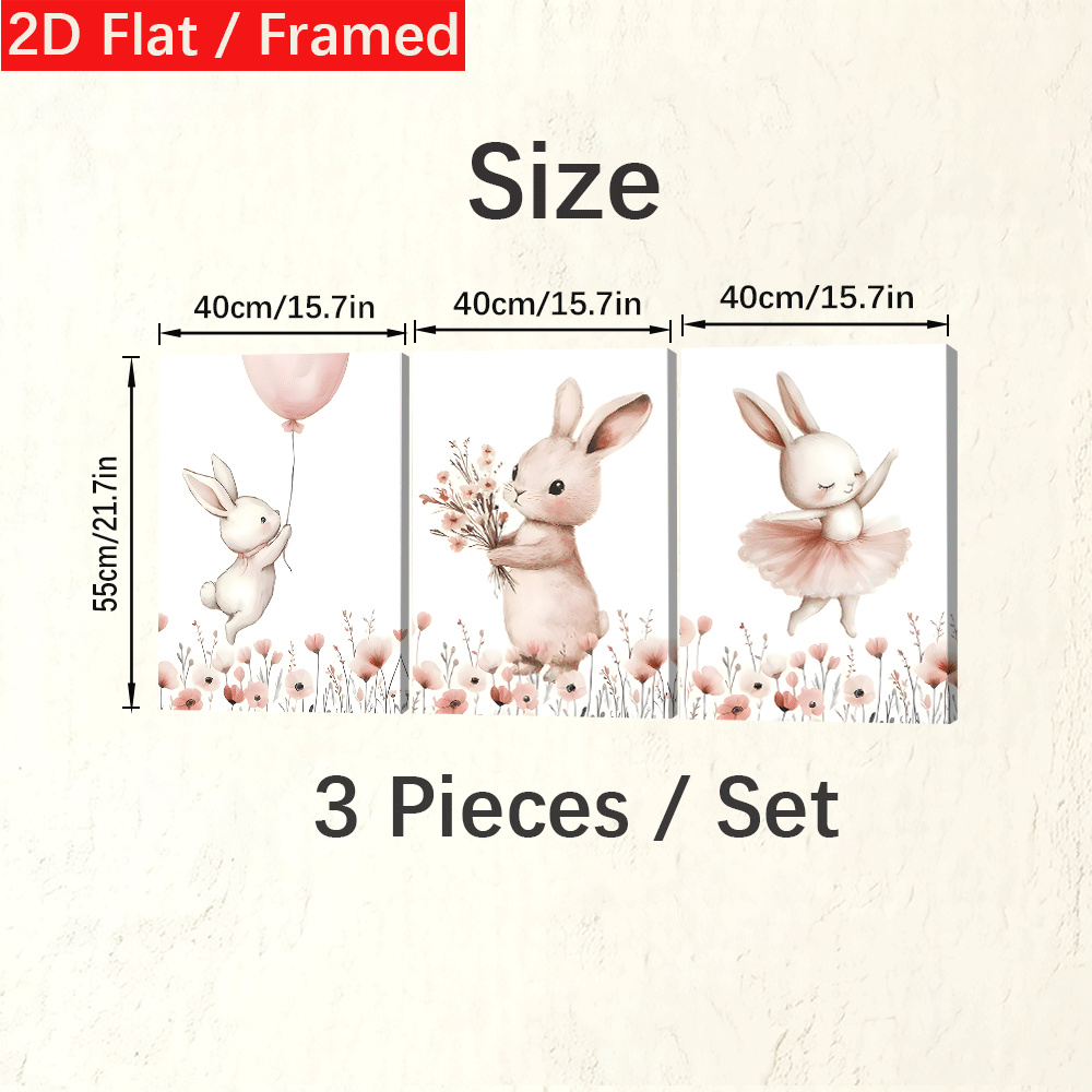 3-Panel Framed Canvas Wall Art - Cute Rabbit Nursery Print