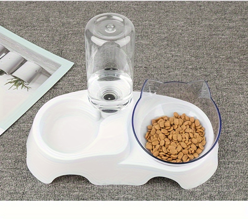 3pcs White Cat Care Suit: Durable ABS Slope Cat Litter Box with Automatic Water Adding Function, Includes Cat Litter Scoop and Double PP Drinking Bowls- Suitable for Cats, Cat Care Essentials| Practical Pet Supplies| Easy-to-clean materials
