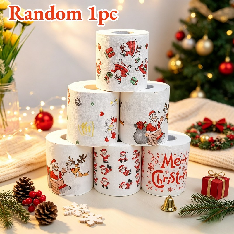 TEMU 1 Rolle Weihnachts-Toilettenpapier, bedruckte Krepppapierrolle mit Weihnachtsmann- und Rentier-Motiv, 2027 Weihnachts- und Halloween-Neuheiten