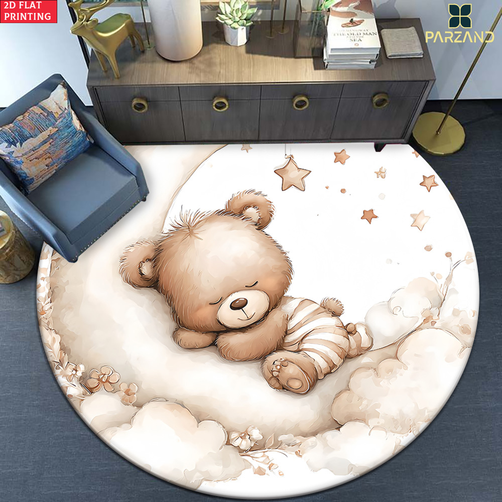 TEMU 2d Flat 1pc 850gsm Bear On Moon Hd Round Floor Mat, Suitable For Entryway, Living Room Decorative Mats, Meditation Cushion, Holiday Decoration