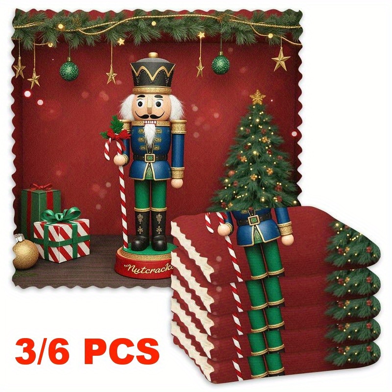 item picture 3 6pcs kitchen dish cloths christmas element pattern reusable cleaning cloths microfiber scouring pads strong water absorption easy to clean thickened   fleece multifunctional small square towel for home and restaurant decoration