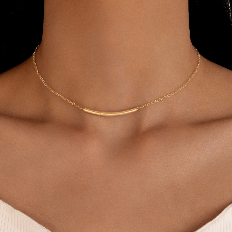 TEMU 1 Easy And Stylish Metal Single-layer Thin Chain Collarbone Chain Circular Bent Pipe Pendant Necklace Suitable For Women' Matching, Perfect Gift