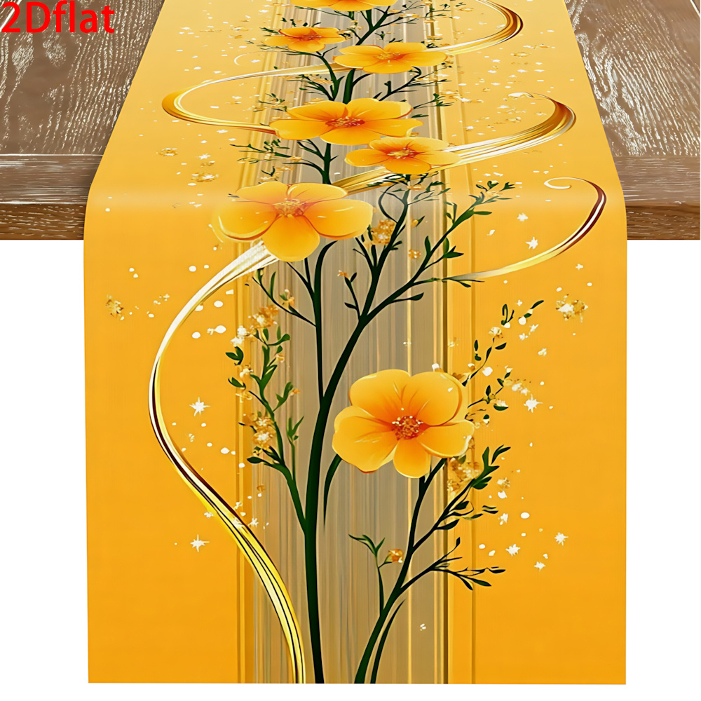 1pc Of 2d Flat Printed Table Flag, Made Of 100% Polyester, Featuring A With Sparkling Golden Accents And Dynamic Lines. Shimmer And Vibrant Flowers