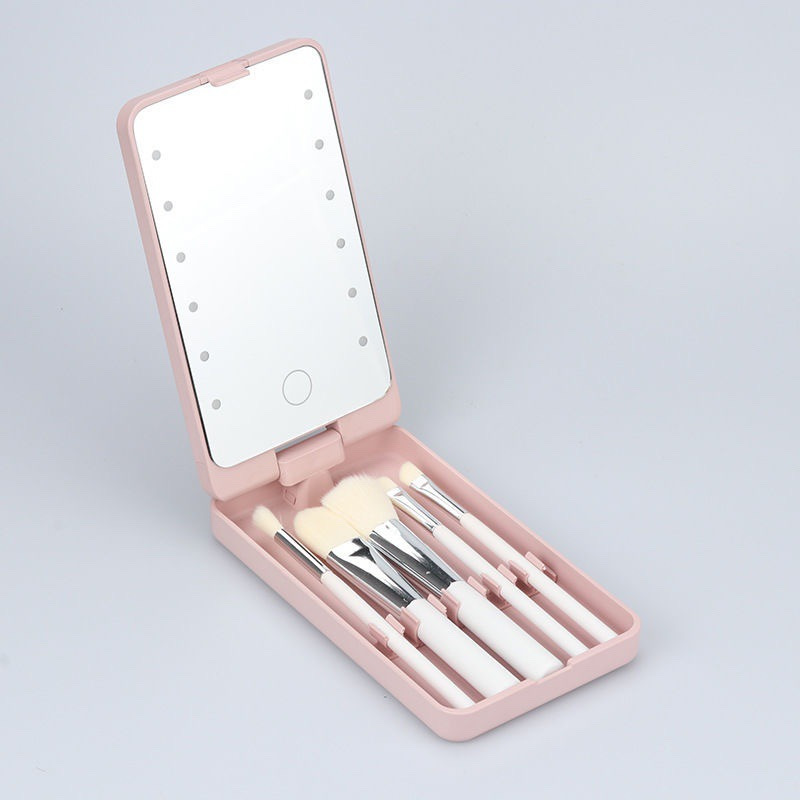 TEMU Led Makeup Mirror With Full Set Brushes, Mini Led Light Portable Compact Mirror Makeup Brushes Holder Case Travel Stroage Box Makeup Organizer Mirror (white-b)