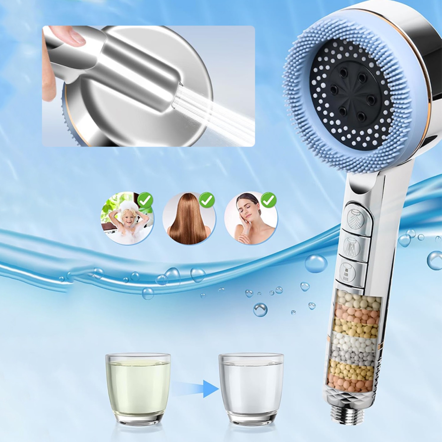 Rainfall Shower Head with 4 Jet Types Massage Spray