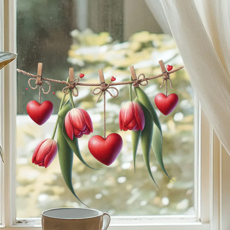 Bright Tulip Window Cling Featuring A Hanging Tulip And Heart-shaped Leaves, This Removable Sticker Is Ideal For Home And Garden Decoration. Perfect For Bedroom, Living Room, Or Balcony Windows