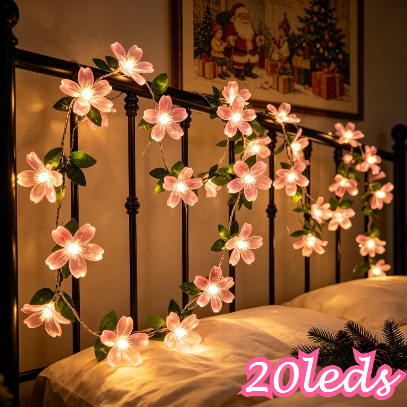 TEMU 2 Meters 20-bulb Cherry String Lights, Cherry Vine String Lights, Artificial Flower Green Leaf String Lights Battery Type Pink Floral Wreath