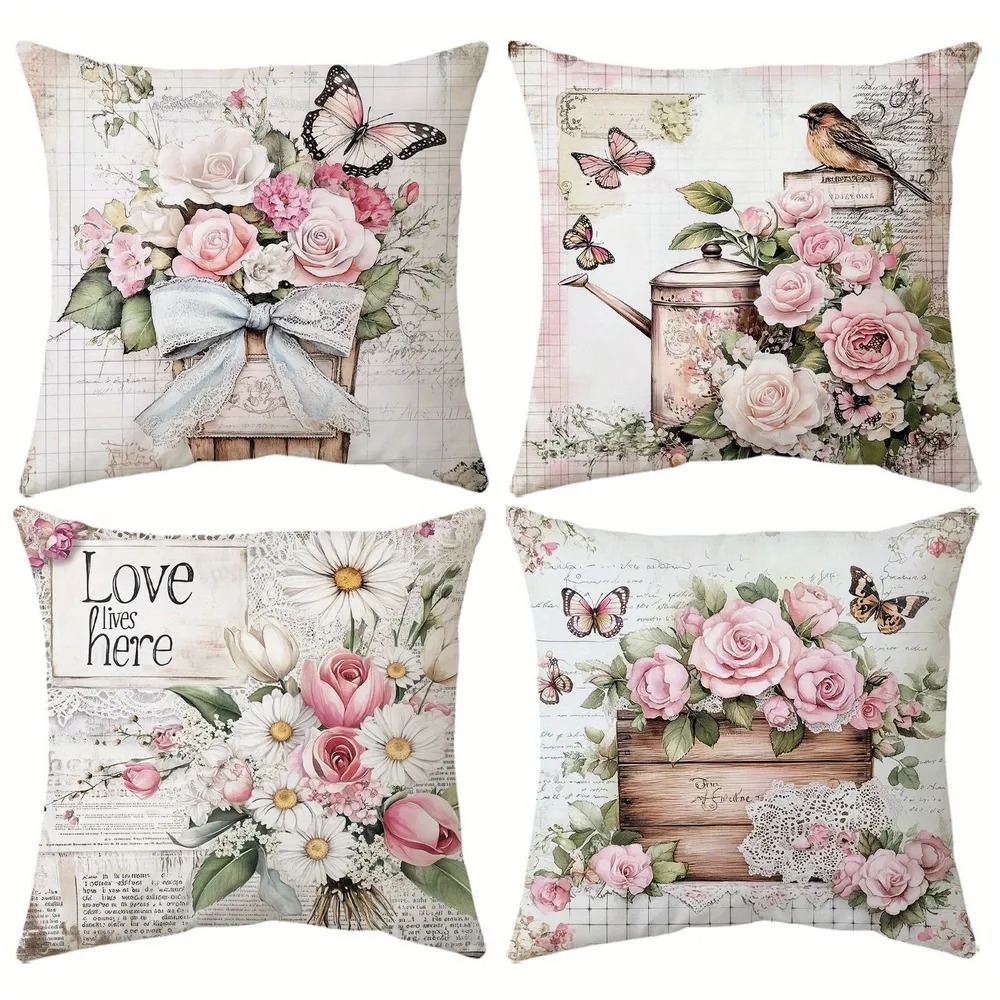 E-shop 4-teiliges Vintage-Floral-Boho-Farmhouse-Bezug-Set – Rosa Rosen, Gänseblümchen, Hortensien & -Kissenbezüge mit Spitzenmuster, sanfte