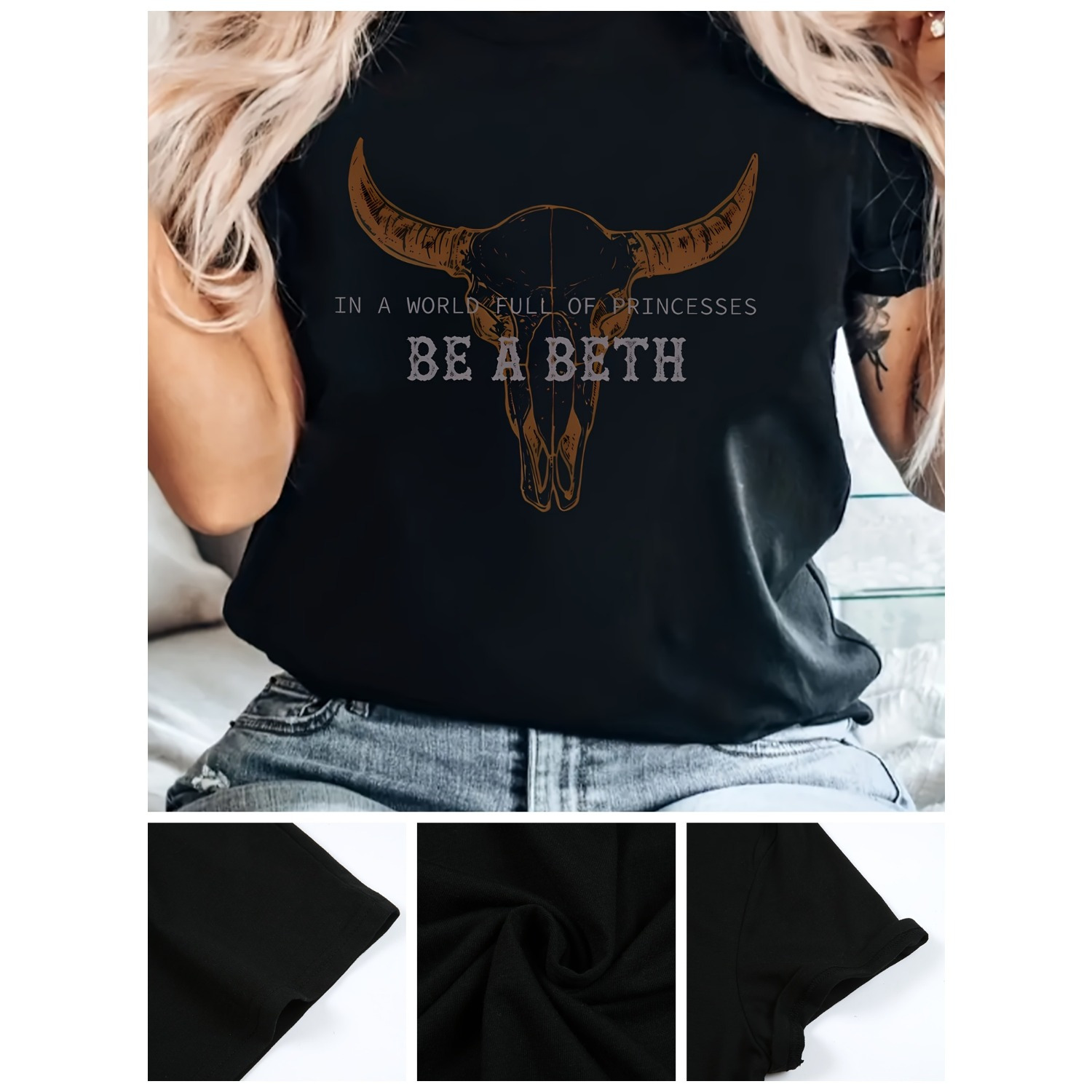 

1pc Women's "be A Beth" Graphic Tee - Western-inspired Casual Polyester Knit, Round Neck, Regular Fit, , Machine Washable, Apparel|westerninspired Fashion|