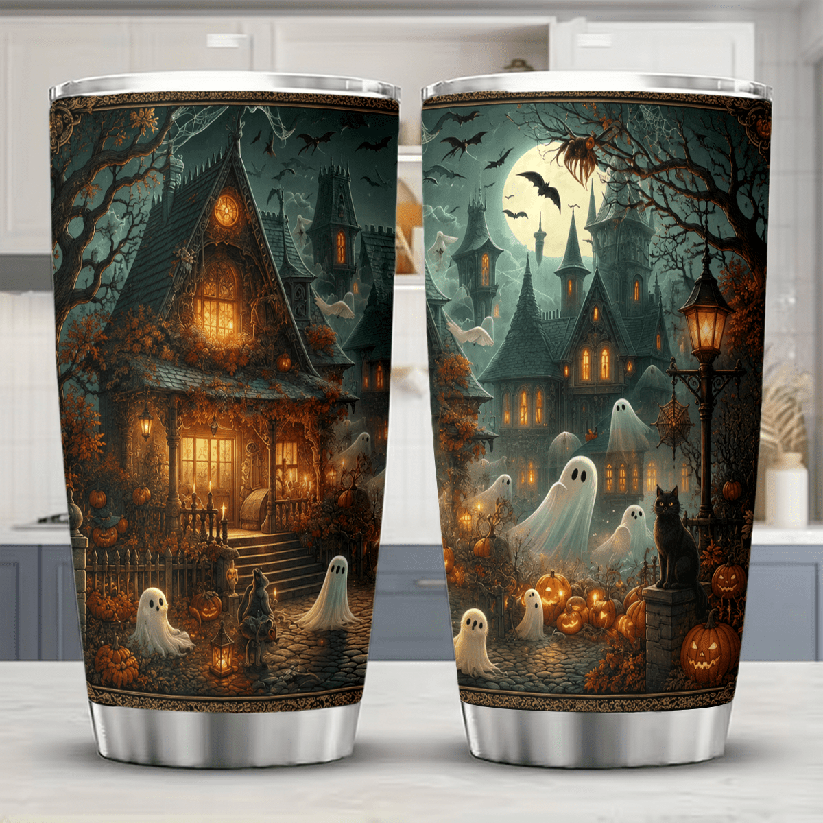 TEMU 1pc 20oz Halloween Haunted House Ghosts And Pumpkins Stainless Steel Insulated Tumblers Travel Mug With Lid Cup Daily Use Leakproof And Bpa Free