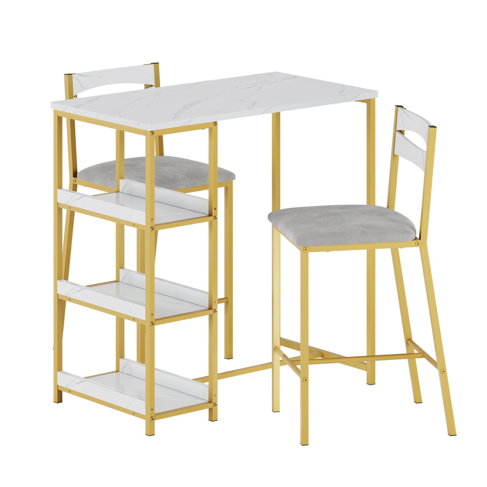 Image of Contemporary 3pcs High Dining Table Set Featuring Storage Shelves, Durable Metal Structure, 2 Padded Chairs, And Bar Set Suitable For Dining Rooms In Apartments And Condos, Easy To Assemble