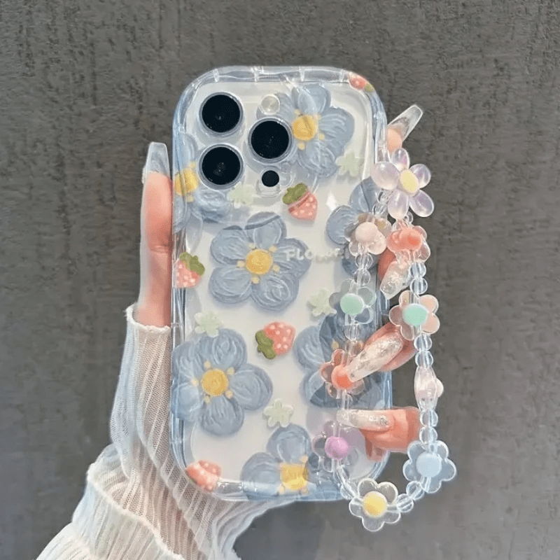 TEMU Phone Case: Sweet Scalloped-edge Blue Floral Strawberry Print Phone Case, With Colorful Floral Beaded Lanyard. Suitable For Iphone