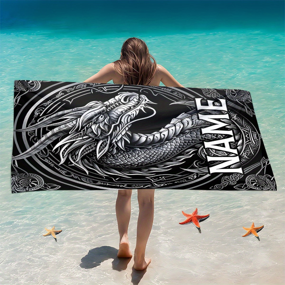 TEMU 1pc Custom Name Totem Dragon Beach Towel - Soft, Absorbent Microfiber, Lightweight, Ideal For , Gatherings, Travel, Camping - 55x27 Inches/63x31