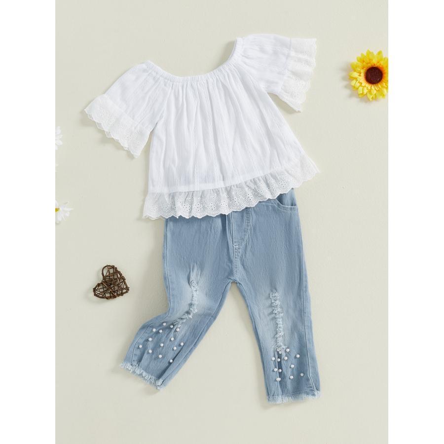 

1-6t Kids Girl Clothes Outfits, 2pcs Off Shoulder Tops+beading Denim Pants Summer Set, Outdoor