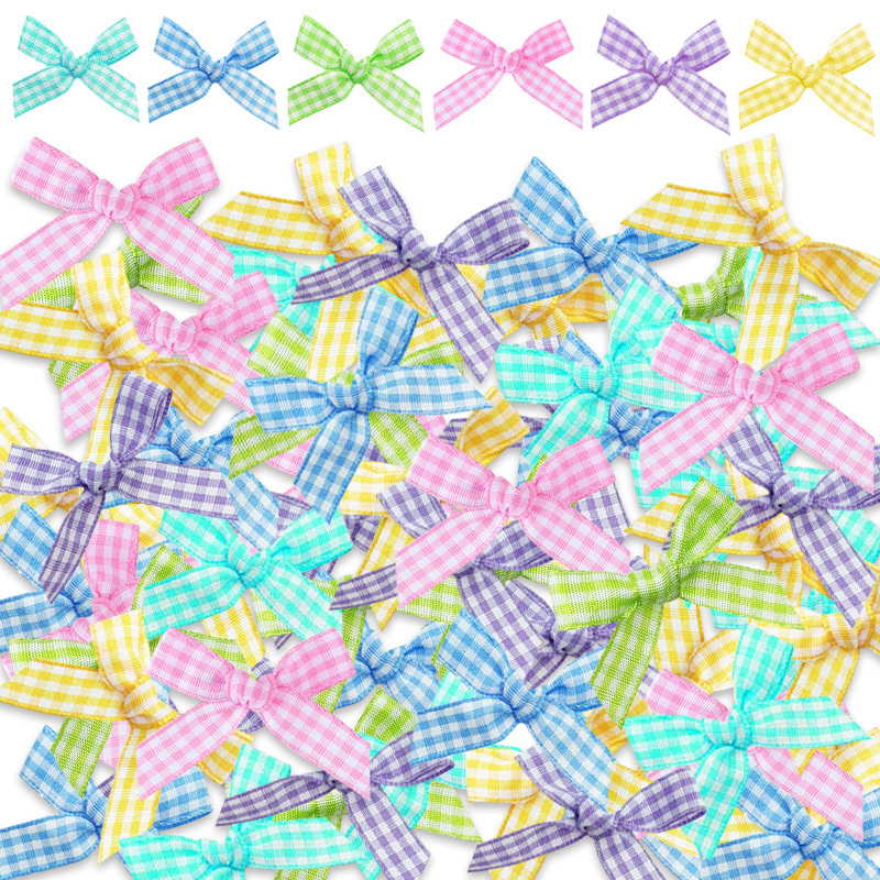 100pcs Easter Macaron Colorful Gingham Ribbon Bow | Checkered Bow Spring Christmas Ornament Polyester Wreath Appliques Tiny Burlap Gingham Decor For Easter Sewing