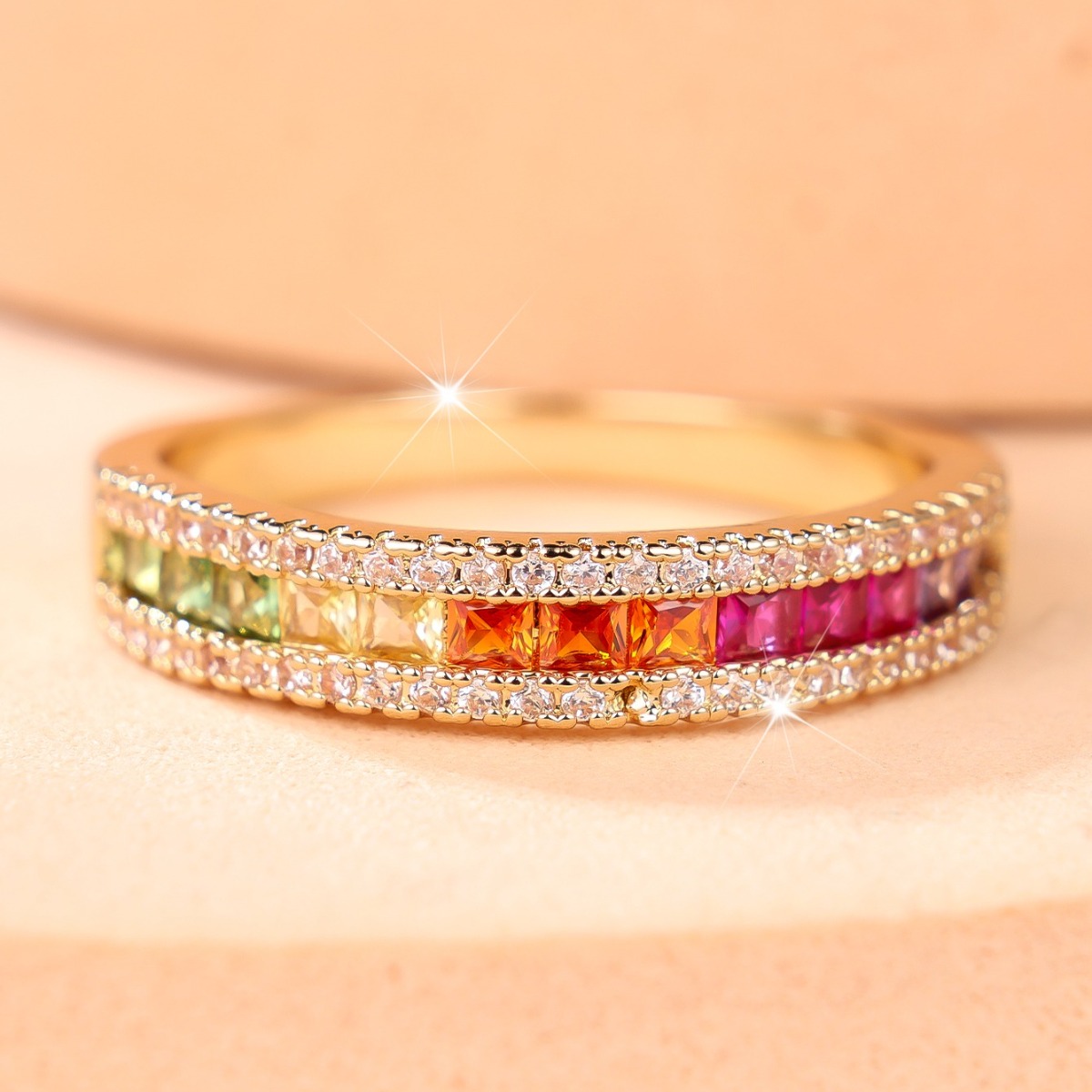 Chic Trendy Rainbow Square Stone Thin Band Ring