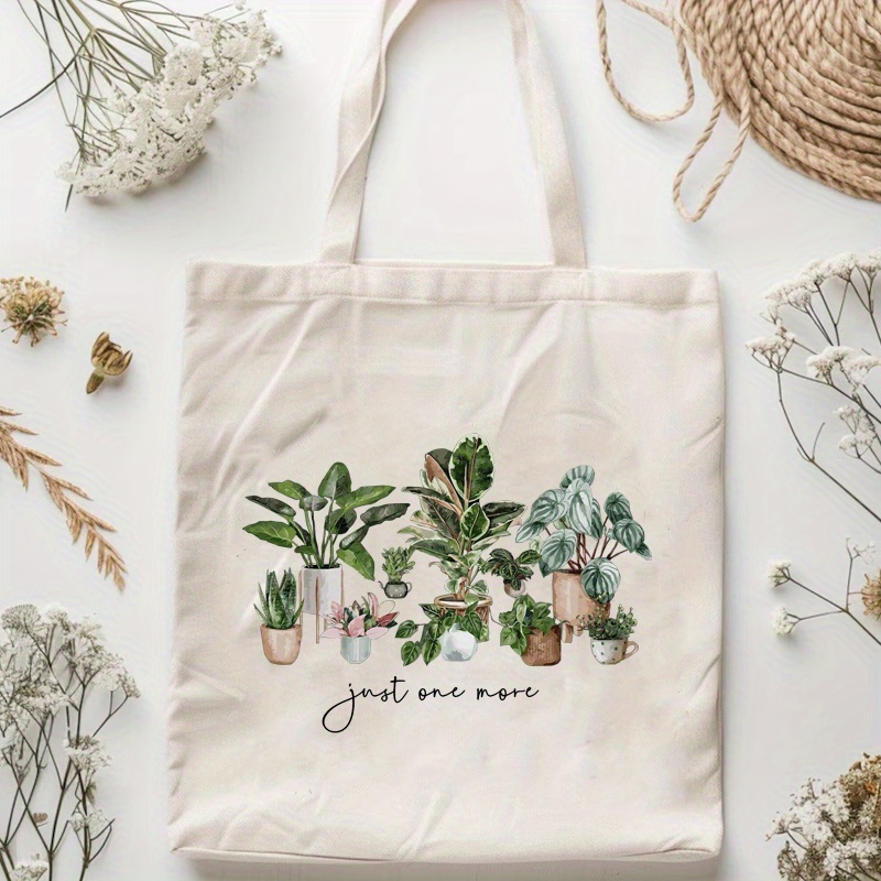 TEMU Large Capacity Plant-themed Canvas Tote Bag For Women - Stylish & Foldable, Portable Everyday Carryall With Vibrant Potted Plant Design, Machine