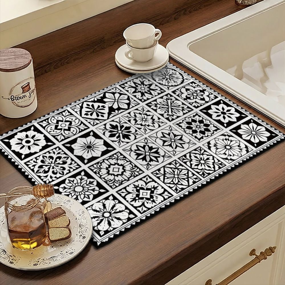 TEMU 1pc, -pattern Dish Drying Mat/absorbent Placemat, With A Non-slip Rubber Backing, Printed With A Black And White Tile-. Suitable For Kitchen