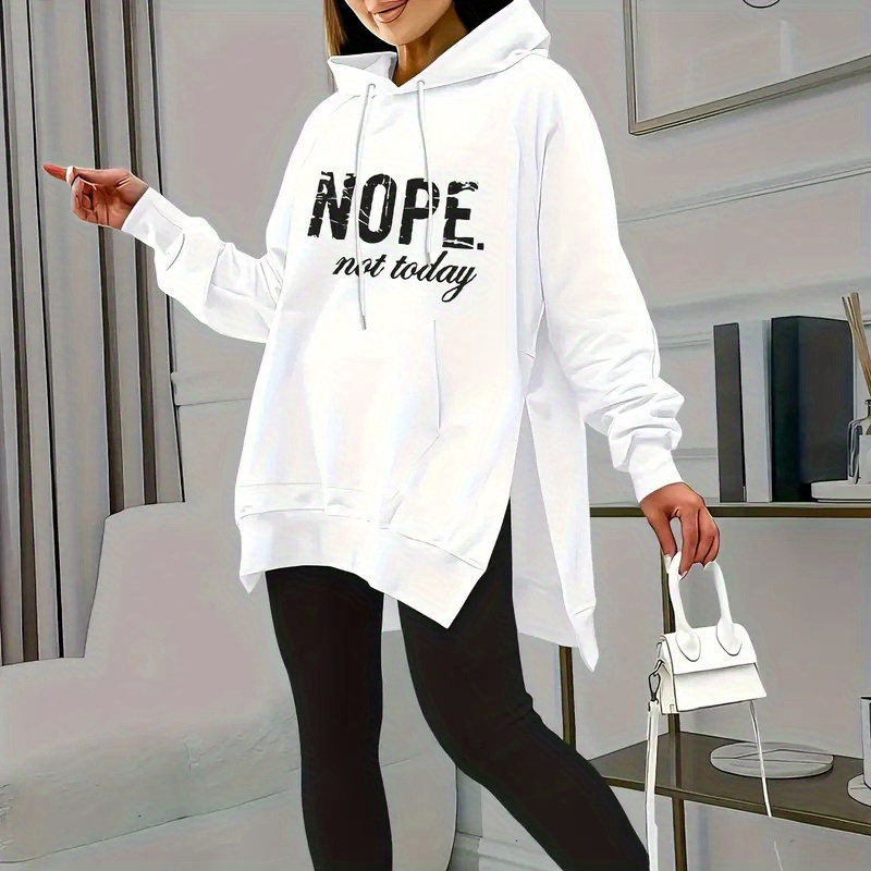 

Women's Casual Hoodie & Jogger Set - "nope " Letter Print, White Polyester Knit With Pocket Split Hoodie & Olive Green Leggings, Fall/winter