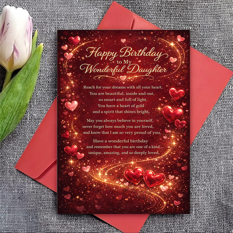 TEMU 1 Greeting Card + 1 Envelope. 2d Flat, Designed For Daughters, Includes Wishes. An For Parents To Their Birthday And Love And Pride. A Christmas